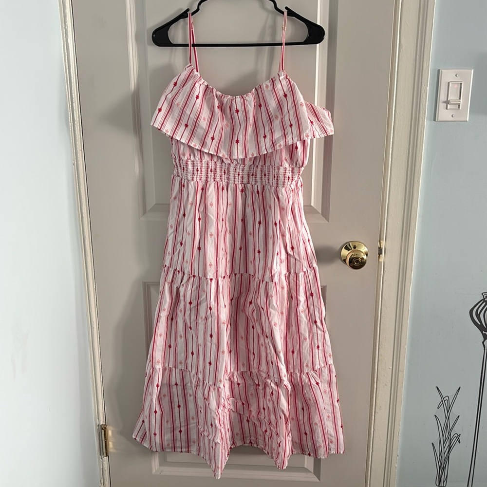 Loft Dress Size Medium Striped Ruffle Strappy Midi